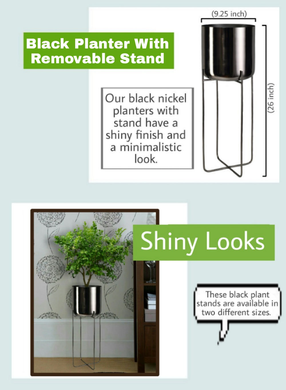 Black Nickel Planter with Detachable Stand, In 2 Sizes