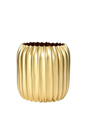 Ribbed Gold Metal Vase, 6.5" Diameter & 7" Tall