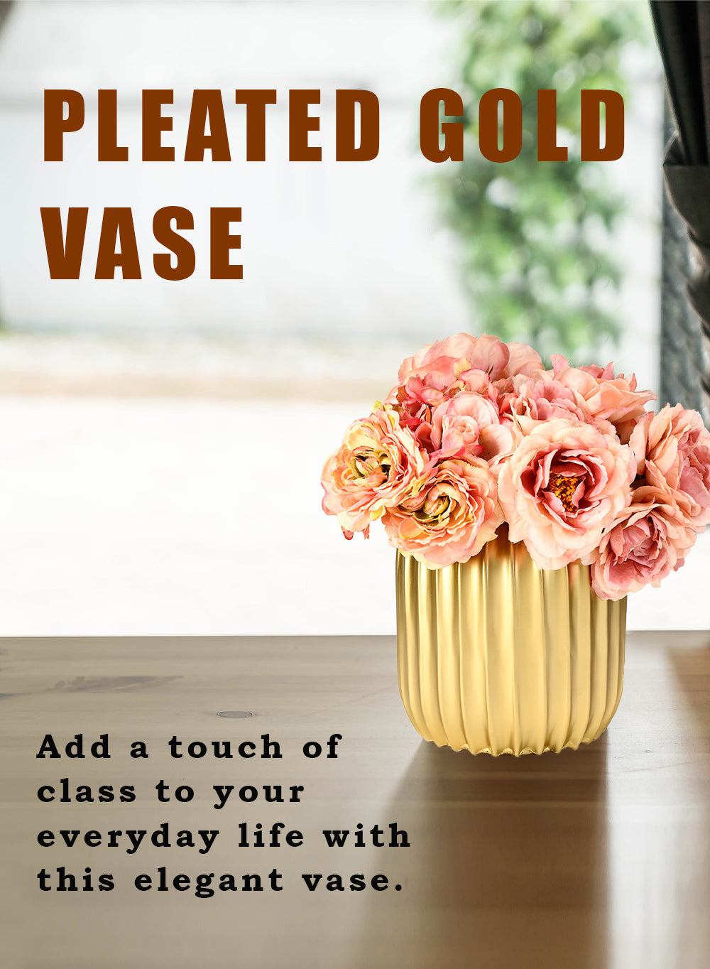 Ribbed Gold Metal Vase, 6.5" Diameter & 7" Tall