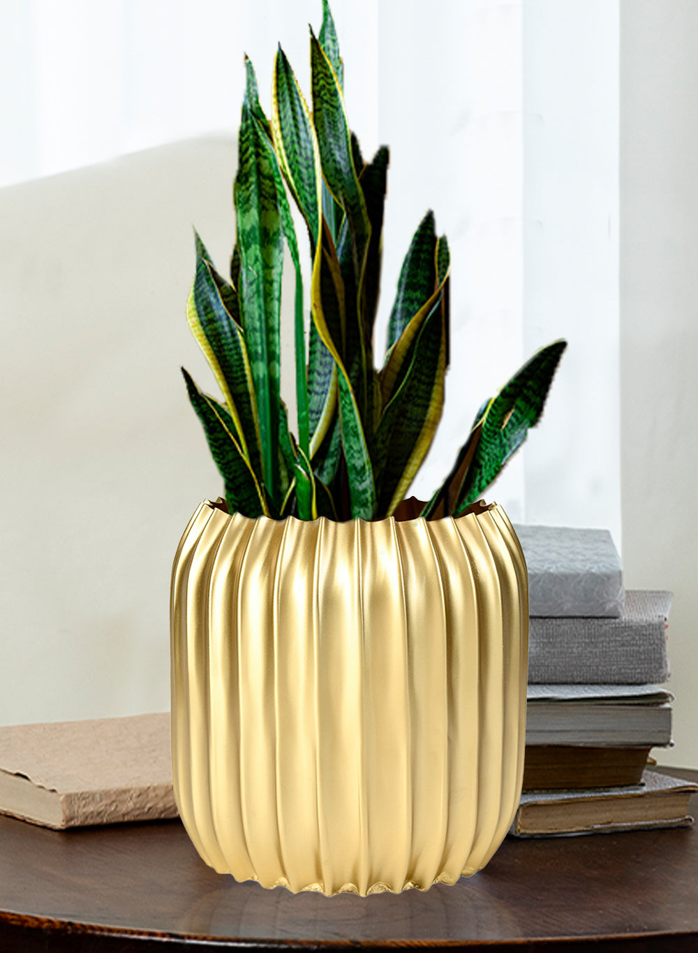 Ribbed Gold Metal Vase, 6.5" Diameter & 7" Tall