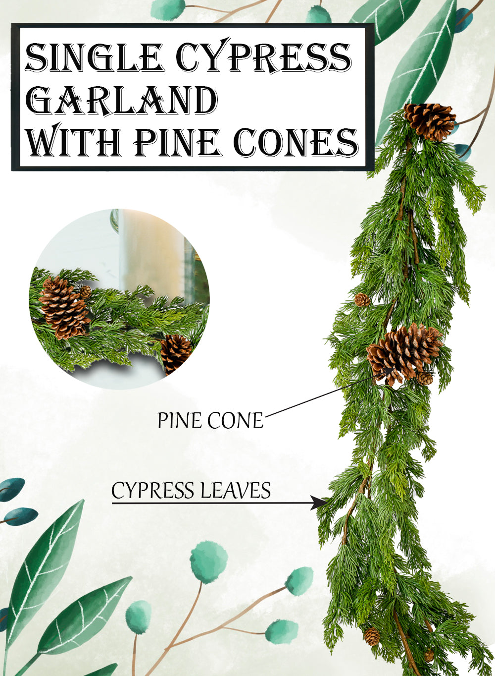 Faux Cypress Garland with Pinecones, 62" Long