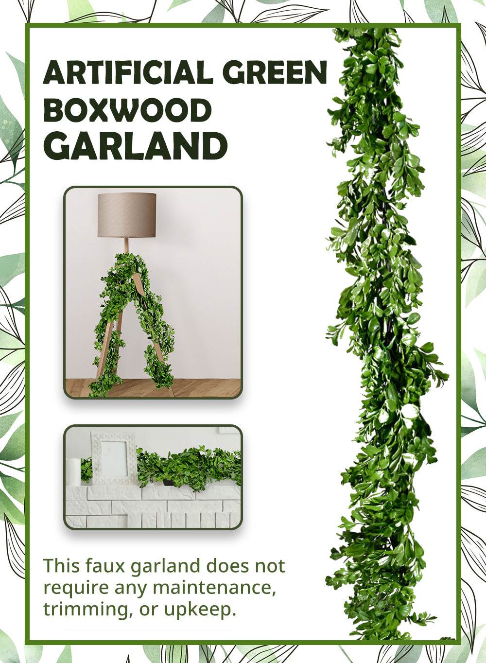 Artificial Green Boxwood Garland, 72" Long