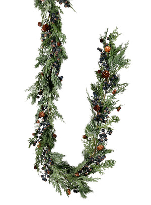 Artificial Blueberry Cypress Garland with Pinecones, Holiday Décor, 72" Long