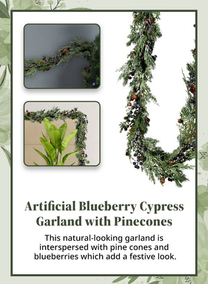 Artificial Blueberry Cypress Garland with Pinecones, Holiday Décor, 72" Long