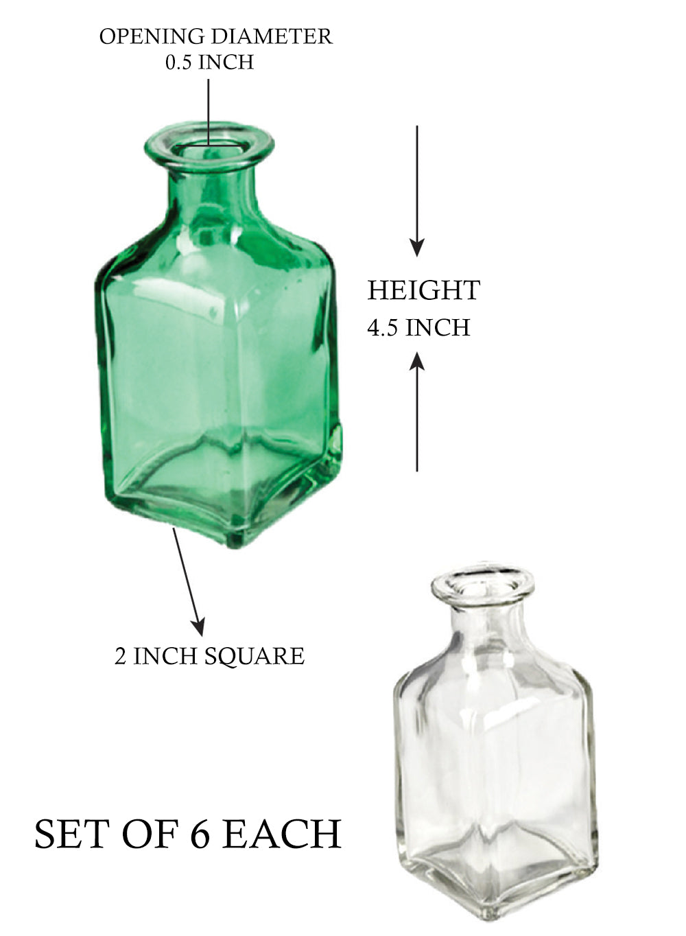 Serene Spaces Living Glass Bottle Bud Vases Set of 6, 36 or 48, Vintage Square Bottle Style - Elegant Vases, 4.5" Tall by 2" Square