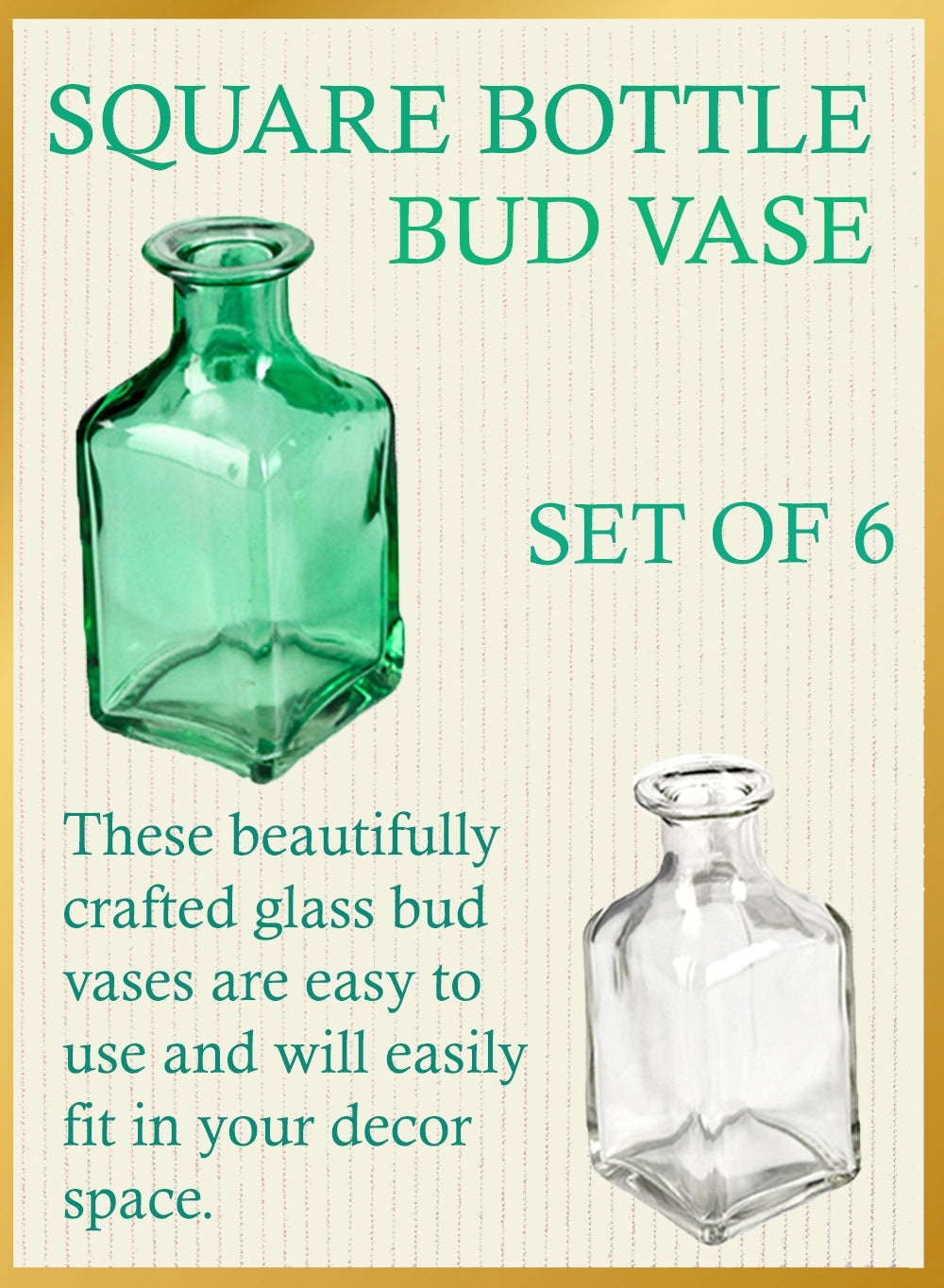 Serene Spaces Living Glass Bottle Bud Vases Set of 6, 36 or 48, Vintage Square Bottle Style - Elegant Vases, 4.5" Tall by 2" Square