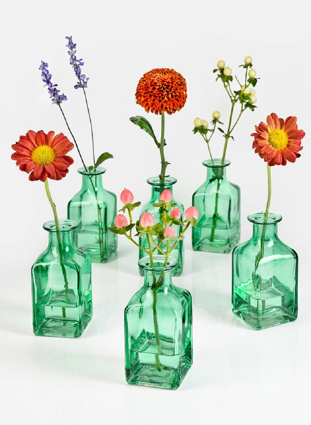 Serene Spaces Living Glass Bottle Bud Vases Set of 6, 36 or 48, Vintage Square Bottle Style - Elegant Vases, 4.5" Tall by 2" Square