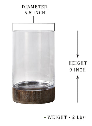 Serene Spaces Living Glass Cylinder Vase with Wood Base, Measures 9" Tall & 5.5" Diameter