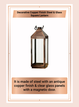 Serene Spaces Living Copper Finish Steel & Glass Square Lantern, 12" H & 4" Sq