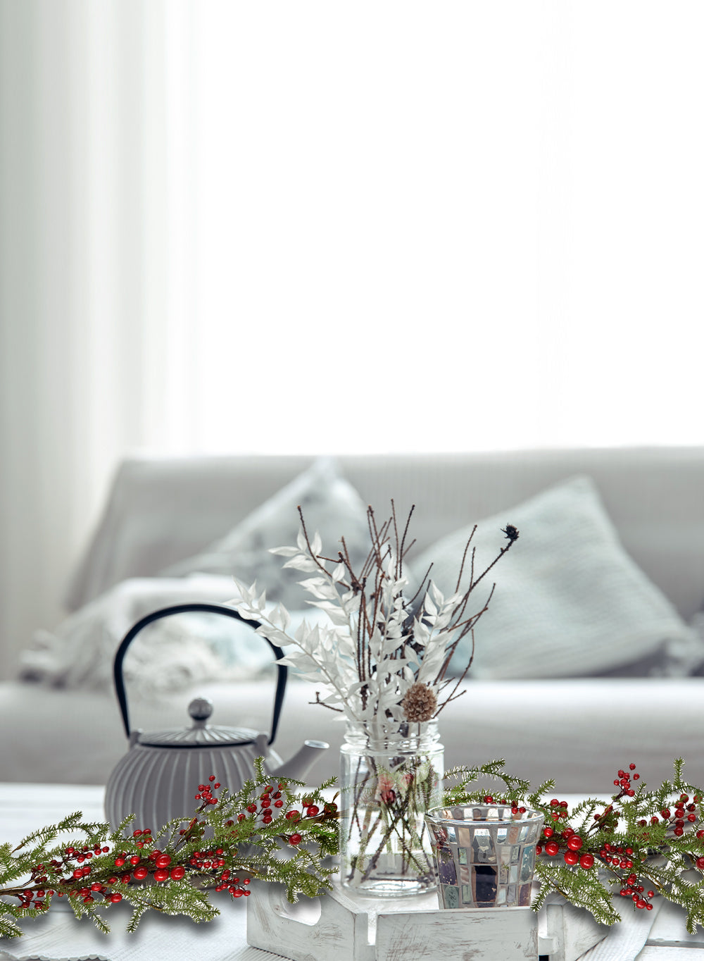 Serene Spaces Living 5ft Faux Pine Garland with Red Berries & Mini Pinecones