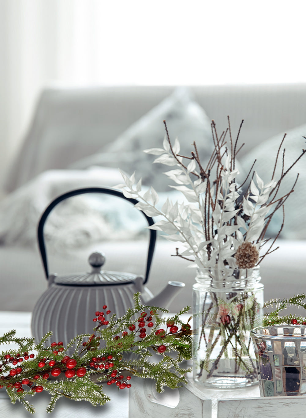 Serene Spaces Living 5ft Faux Pine Garland with Red Berries & Mini Pinecones