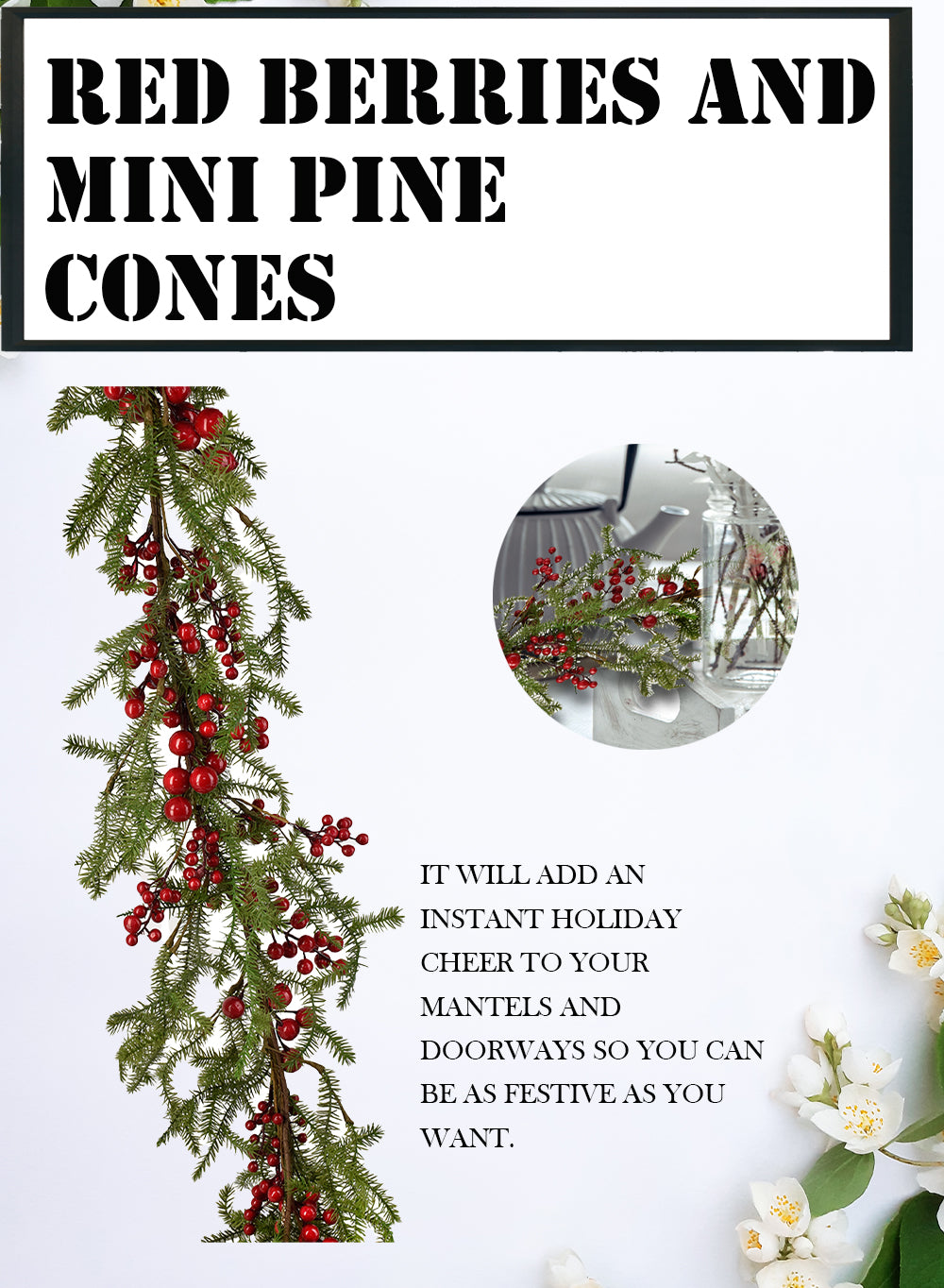 Serene Spaces Living 5ft Faux Pine Garland with Red Berries & Mini Pinecones