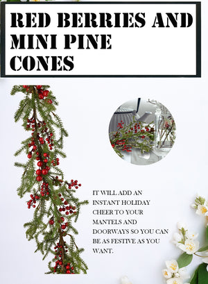 Serene Spaces Living 5ft Faux Pine Garland with Red Berries & Mini Pinecones