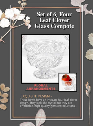 Serene Spaces Living Set of 6 Four Leaf Clover Glass Compote, 3.5" Tall & 4" Dia