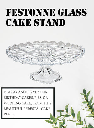 Scalloped Glass Cake Stand, 11.75" Diameter & 4.5" Tall
