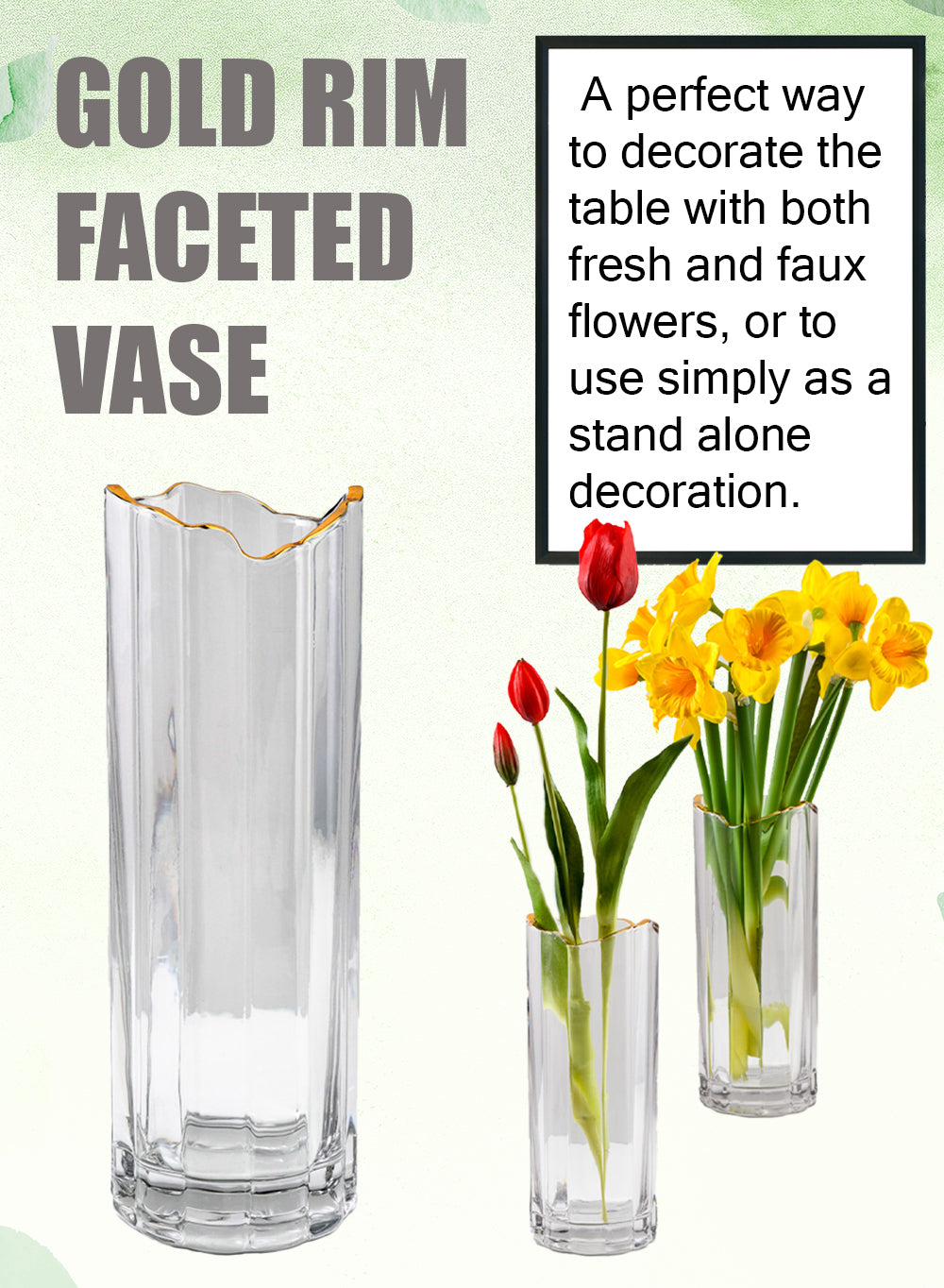 Serene Spaces Living Waves Gold Rim Faceted Glass Vase, Flower Vase, In 2 Sizes