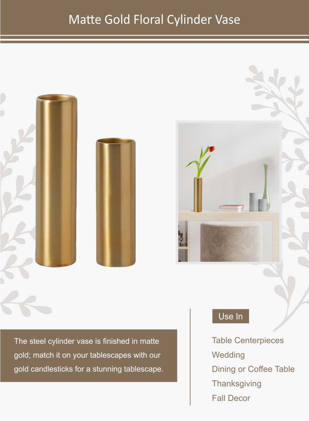 Stylish Matte Gold Floral Vase, In Various Shapes & Sizes