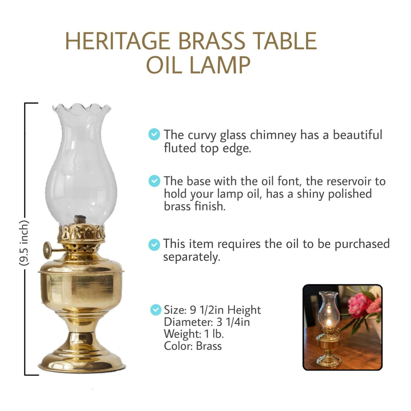 Vintage Brass Small Oil Lamp, French Kerosene Lantern Restored