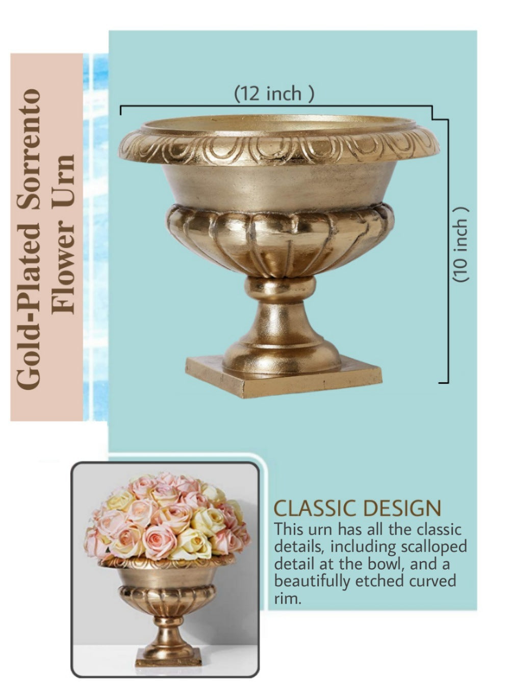 Gold-Plated Sorrento Flower Urn, 12" Diameter & 10" Tall