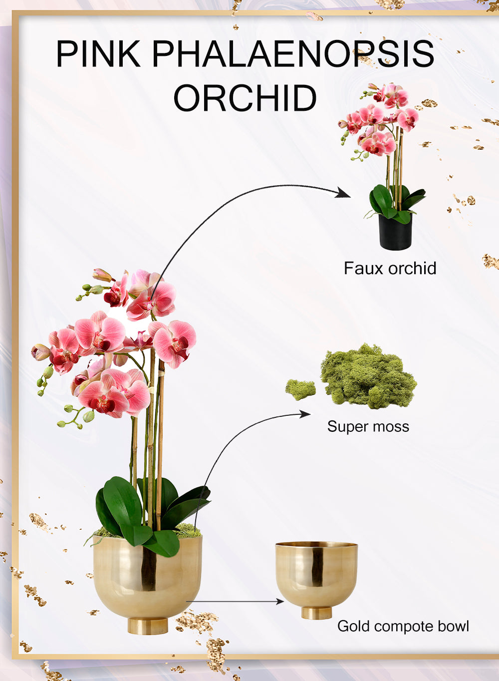 DIY Orchid Kit: Contains Faux Potted Plant, Gold Bowl & Moss