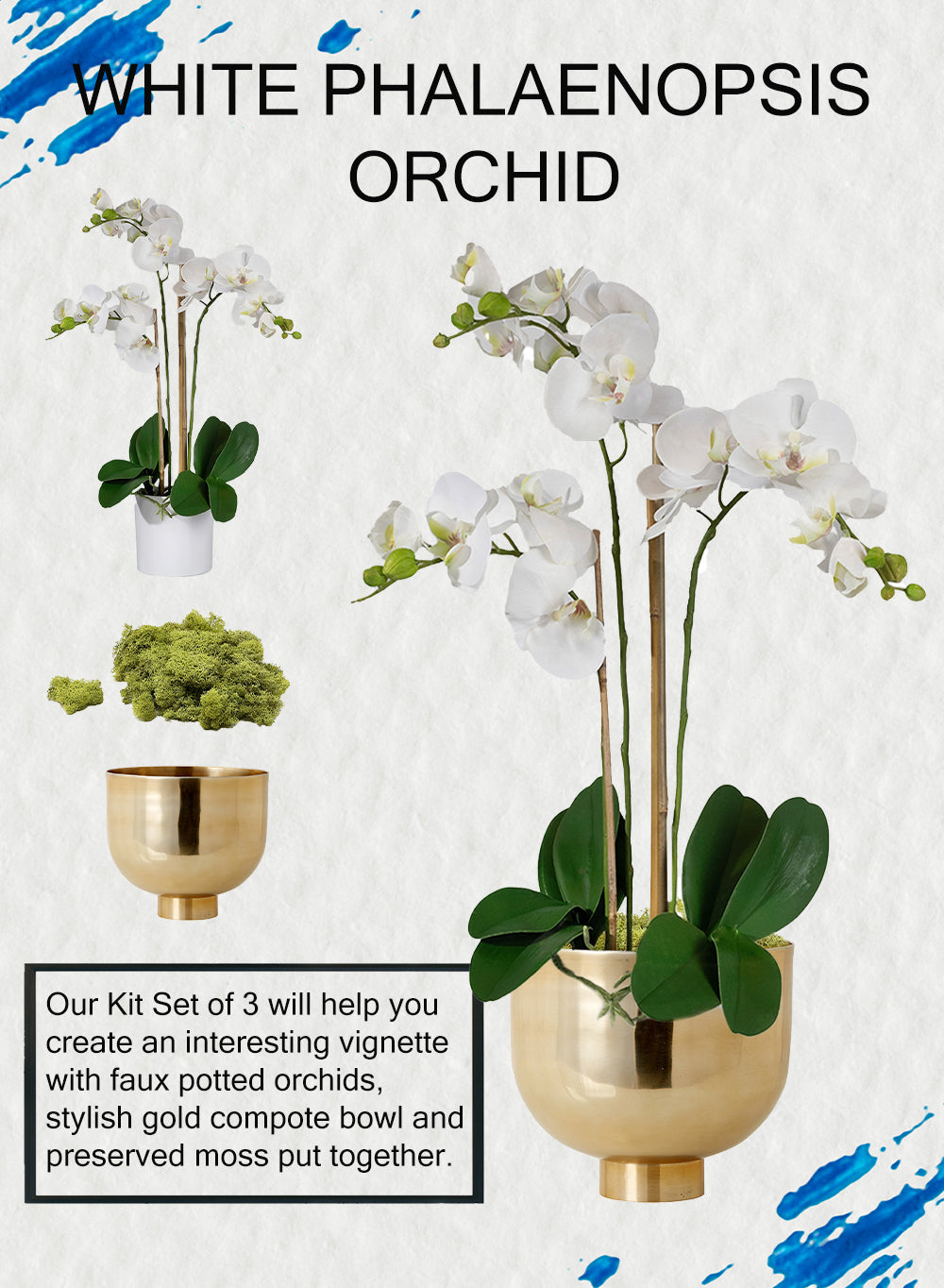 DIY Orchid Kit: Contains Faux Potted Plant, Gold Bowl & Moss