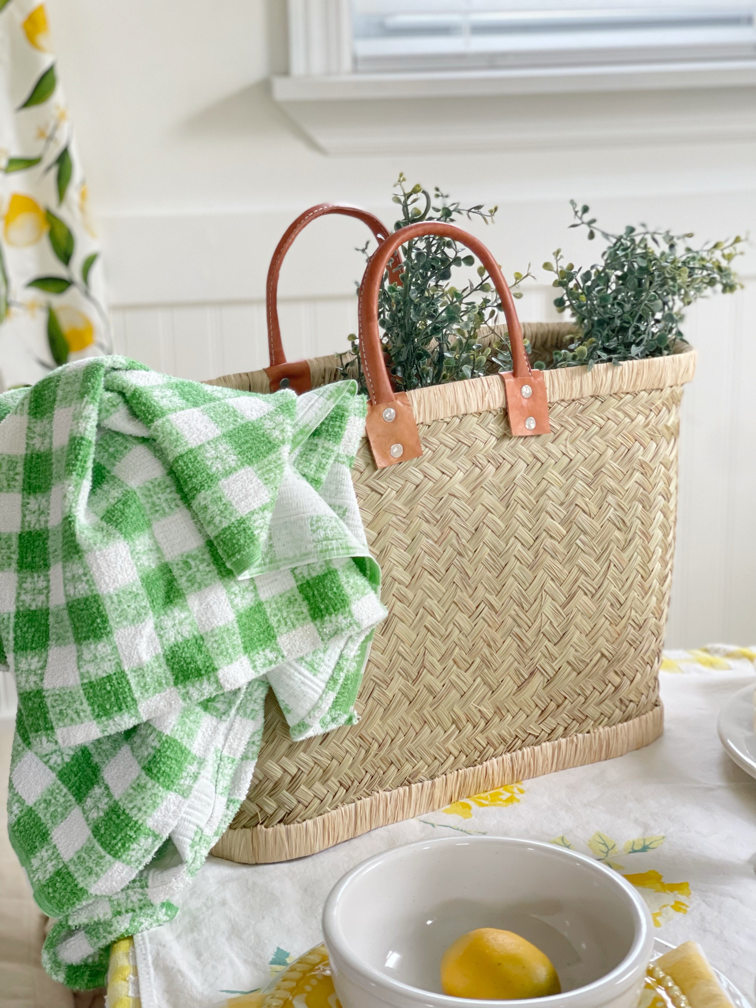 Handmade Straw Tote Bag with Leather Handles, in 2 Sizes