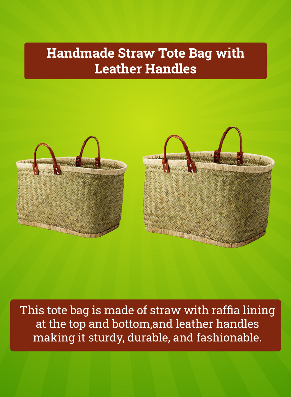 Handmade Straw Tote Bag with Leather Handles, in 2 Sizes