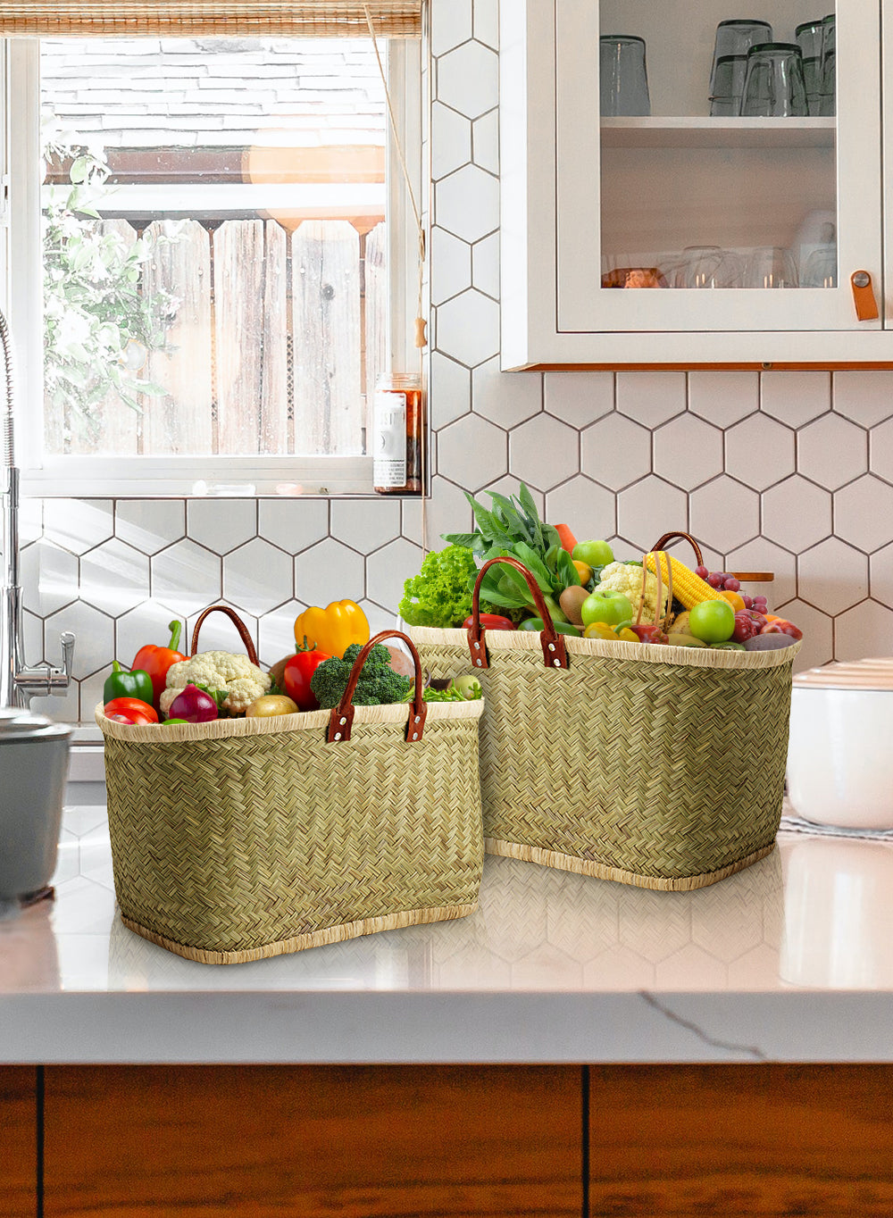 Handmade Straw Tote Bag with Leather Handles, in 2 Sizes