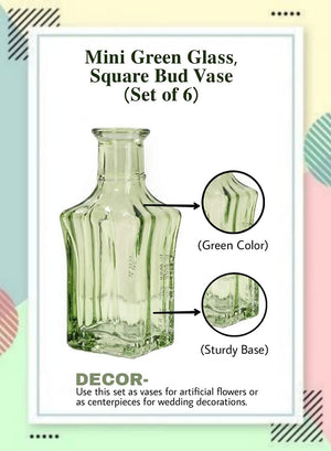 Green Glass Bud Vase, Set of 6, in 3 Shapes