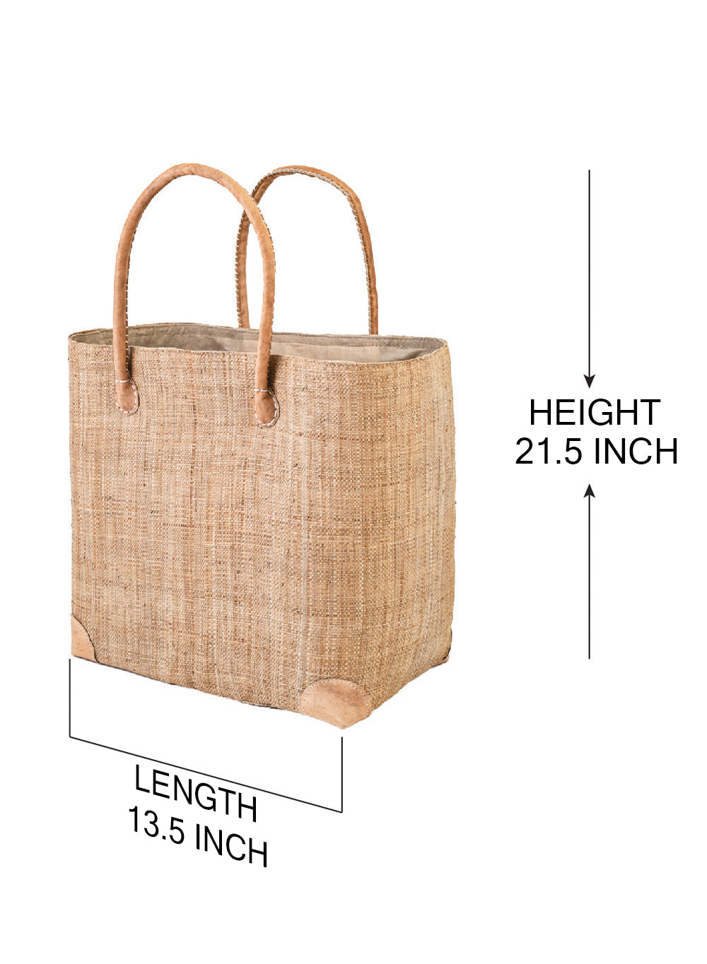 Beige Raffia Tote Bag, 13.5" Long, 6" Wide & 21.5" Tall