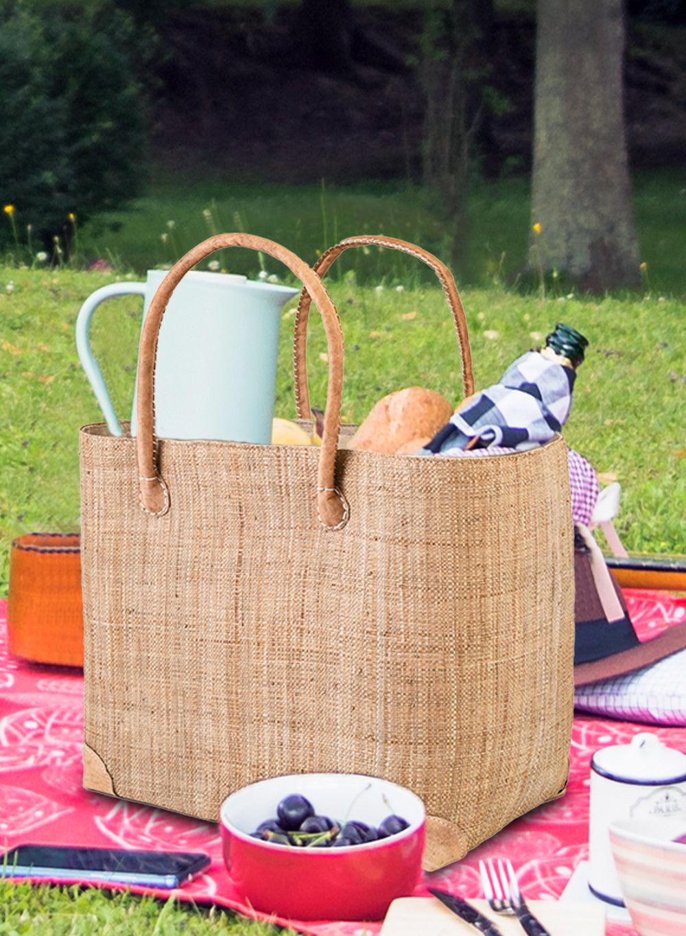 Beige Raffia Tote Bag, 13.5" Long, 6" Wide & 21.5" Tall