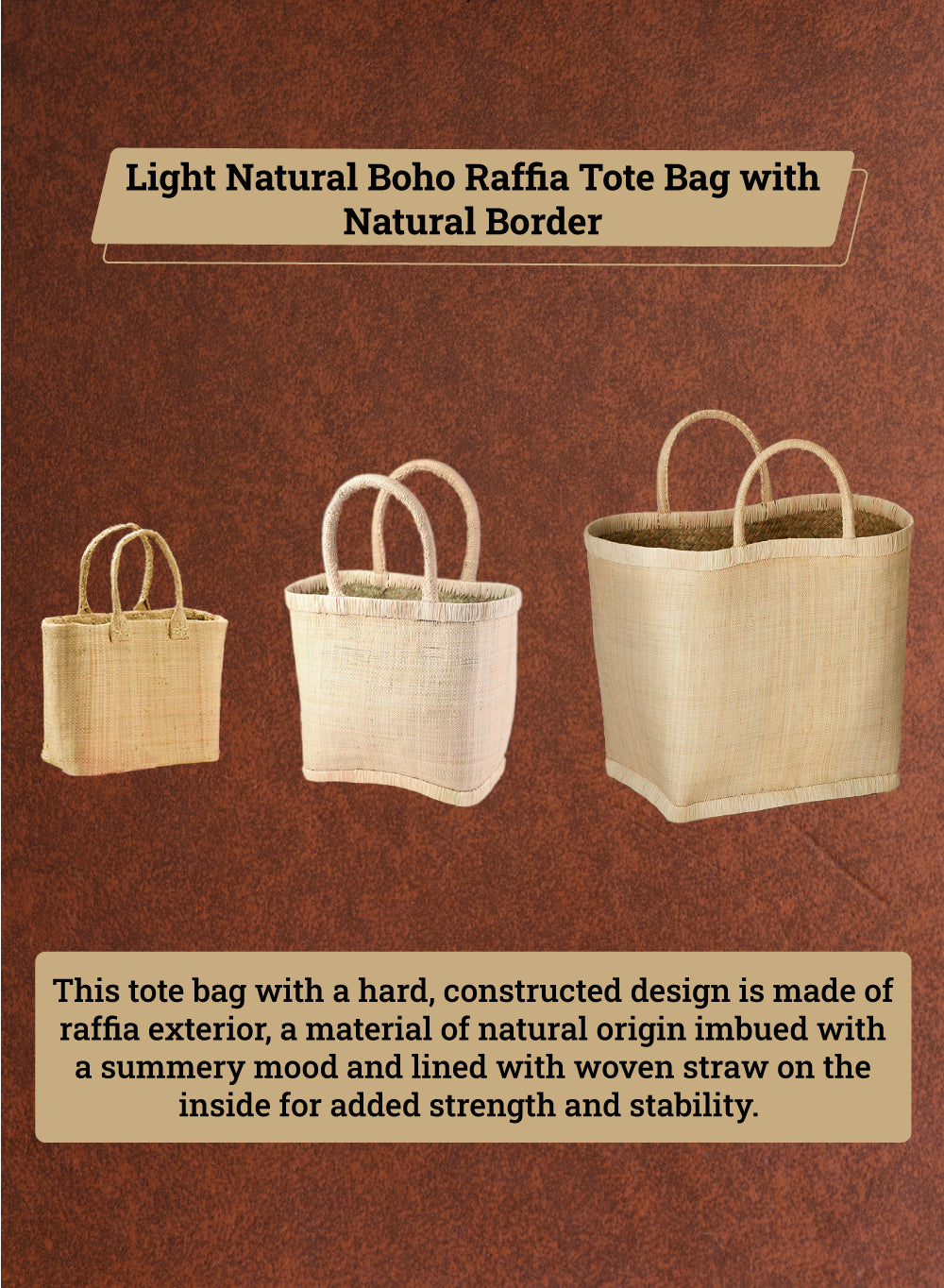 Light Raffia Tote Bag, 11" Long, 5" Wide & 16" Tall