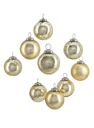Serene Spaces Living Set of 9 Assorted Gold / Teal Glass Ball Ornaments, 3" Dia
