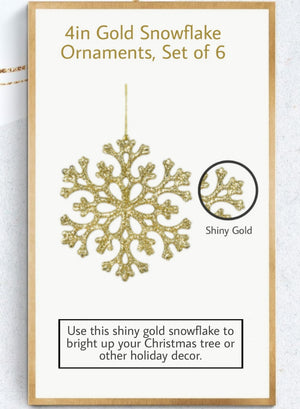 4" Gold Snowflake Christmas Ornaments, Set of 6