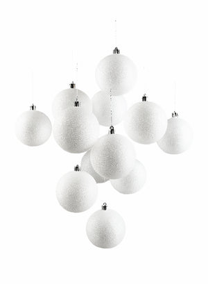 Serene Spaces Living Set of 12 White Glitter Ball Ornaments, Measures 3" Dia