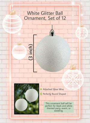 3" White Glitter Ball Ornaments, Set of 12