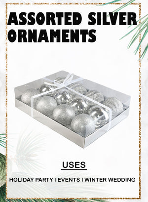 Serene Spaces Living Set of 12 Assorted Glitter Silver Ball Ornaments, 3" Dia