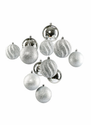 3" Assorted Glitter Silver Ball Ornaments, Set of 12