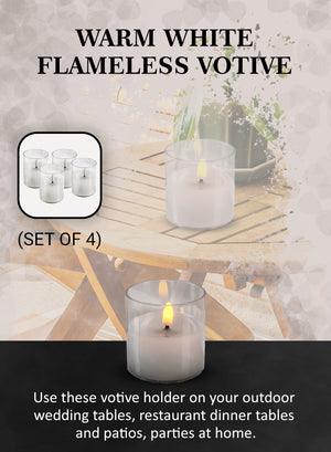Set of 4 Warm White Flameless Votive, LED Tealight Candles, 3" Tall & 2.3" Dia