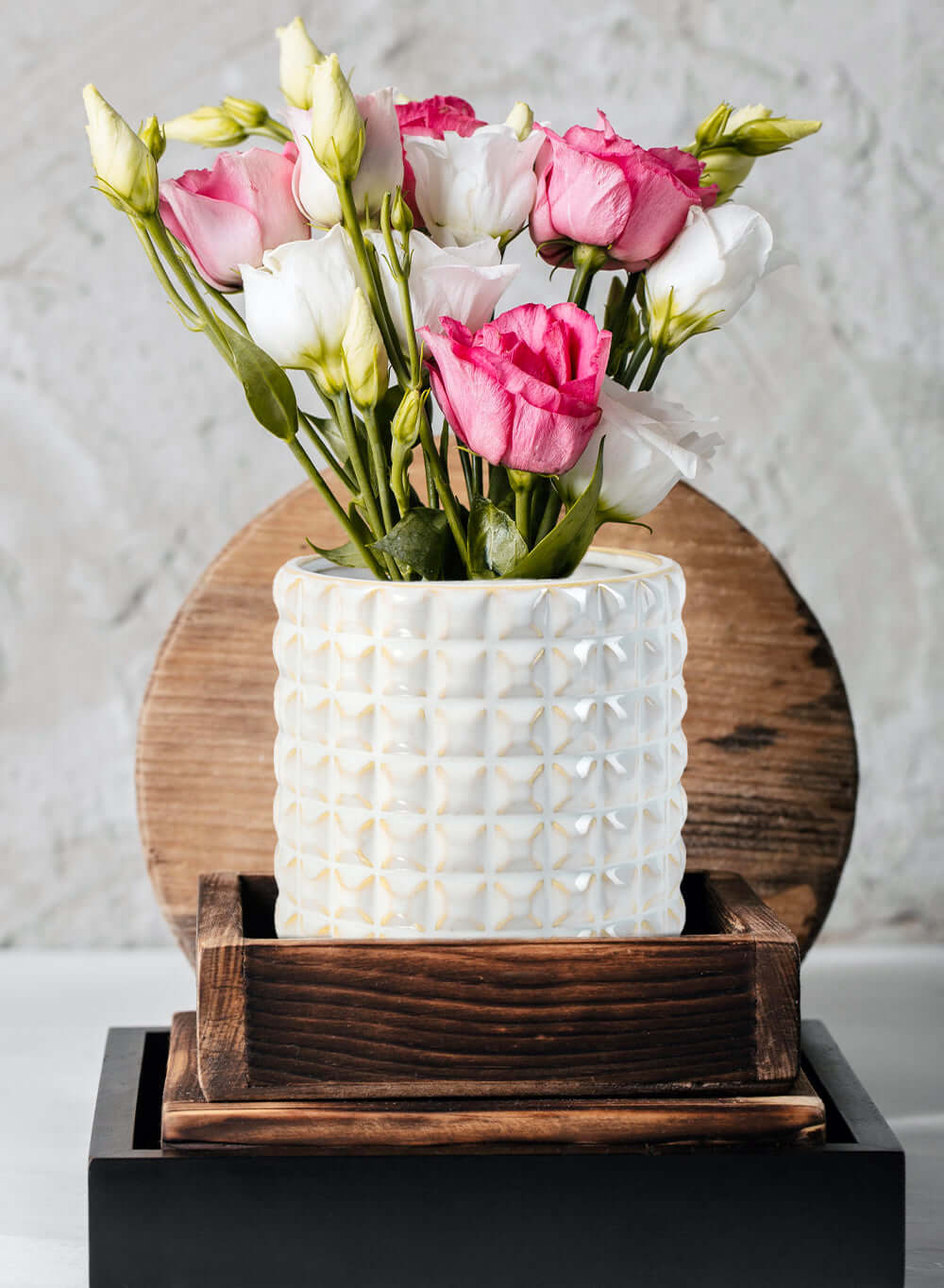 White Studded Ceramic Cylinder Vase, in 2 Sizes