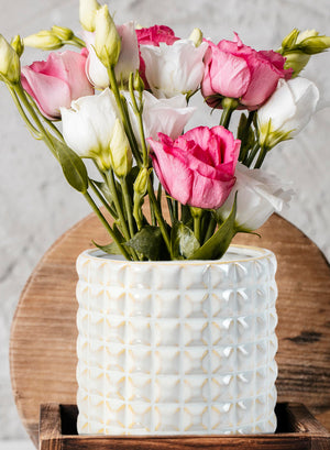 Serene Spaces Living White Studded Ceramic Cylinder Vase, Floral Pot, in 2 Sizes