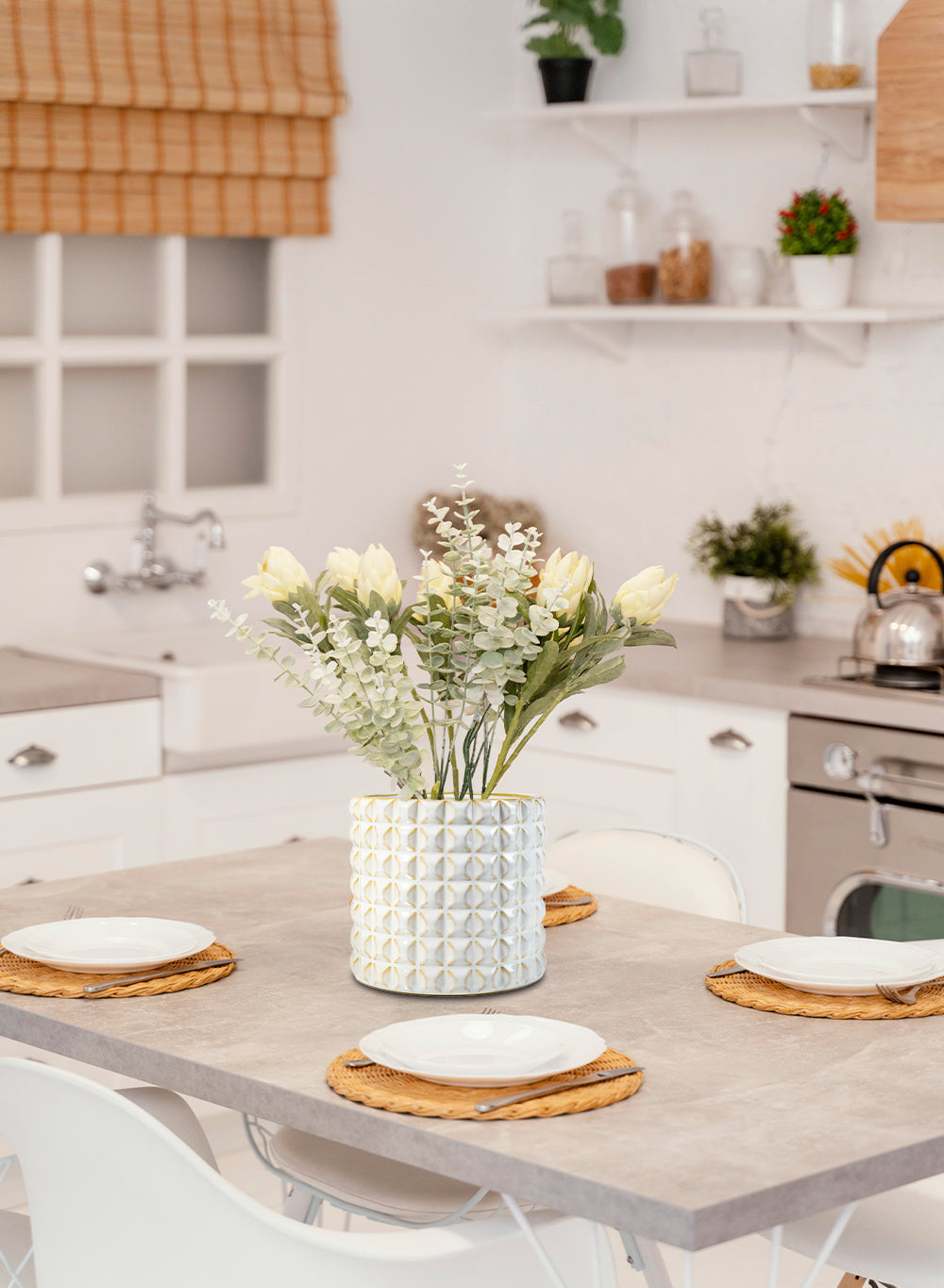 White Studded Ceramic Cylinder Vase, in 2 Sizes