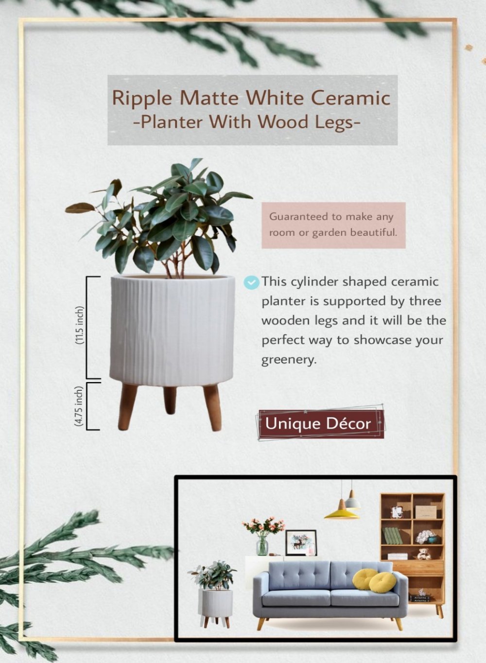 16.25" Ripple White Ceramic Pot with Wooden Legs