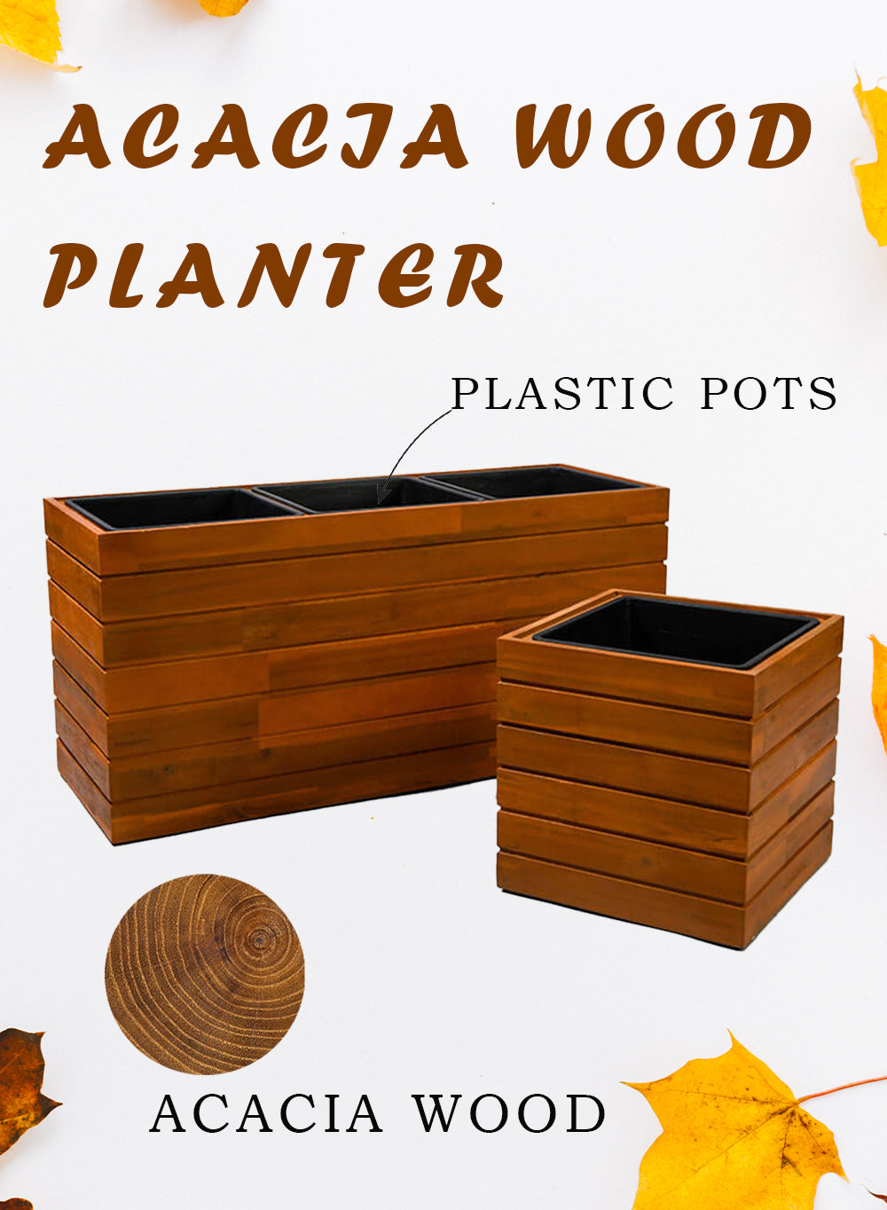 Acacia Wood Planter Box, in 2 Shapes & Sizes