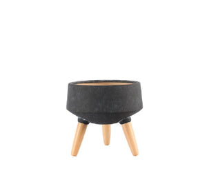 10.25" Black Ceramic Pot with Wooden Legs