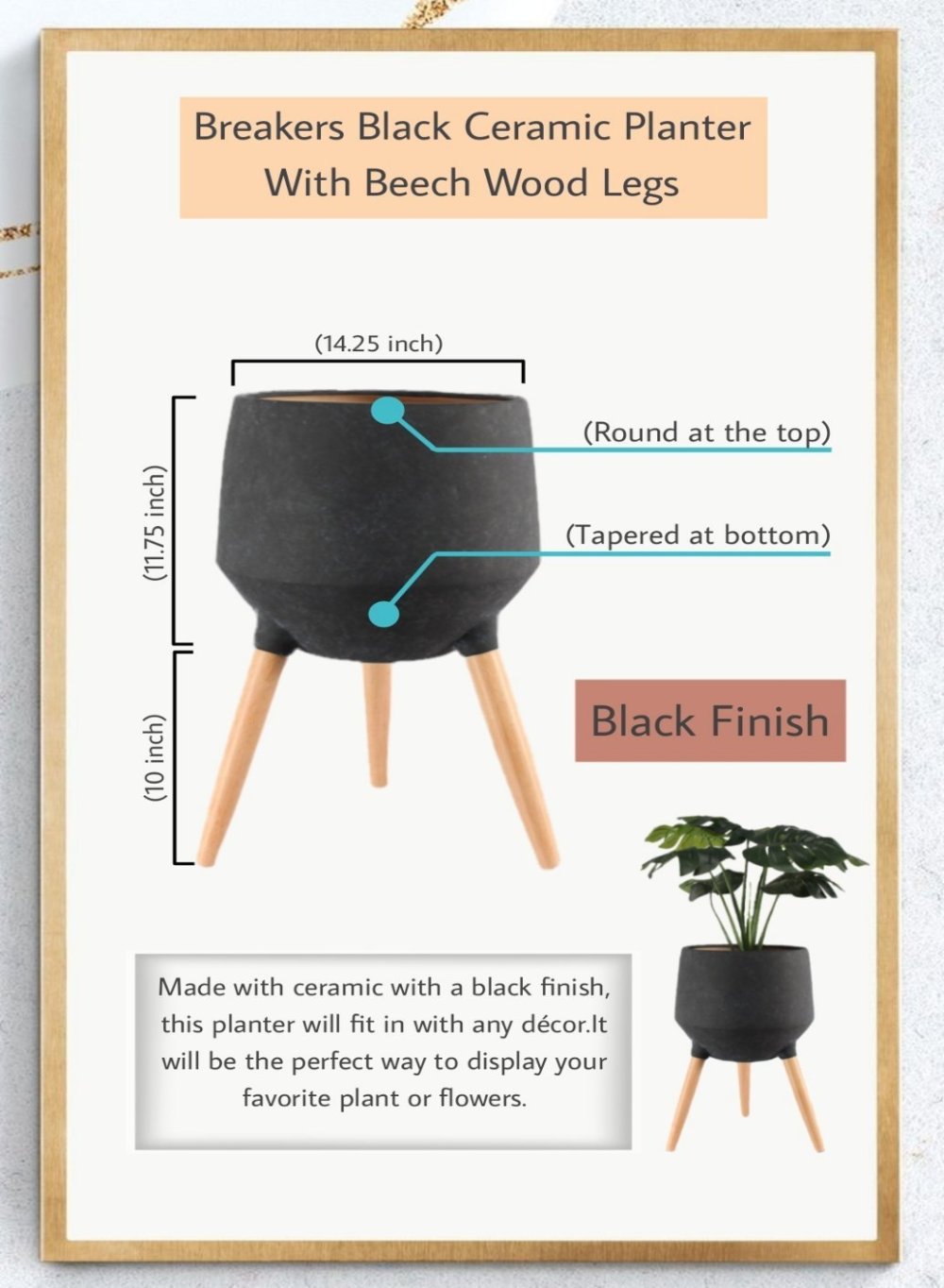 21.75" Black Ceramic Pot with Wooden Legs