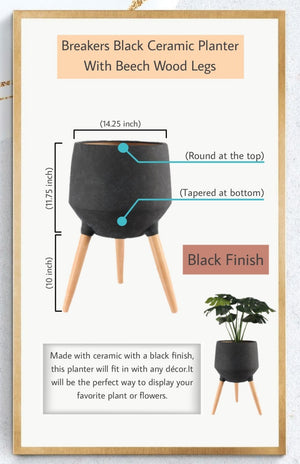 21.75" Black Ceramic Pot with Wooden Legs