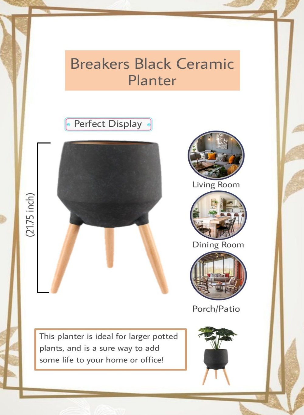 21.75" Black Ceramic Pot with Wooden Legs