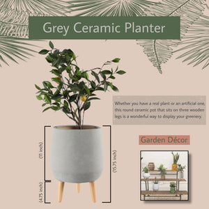15.75" Grey Ceramic Pot with Wooden Legs
