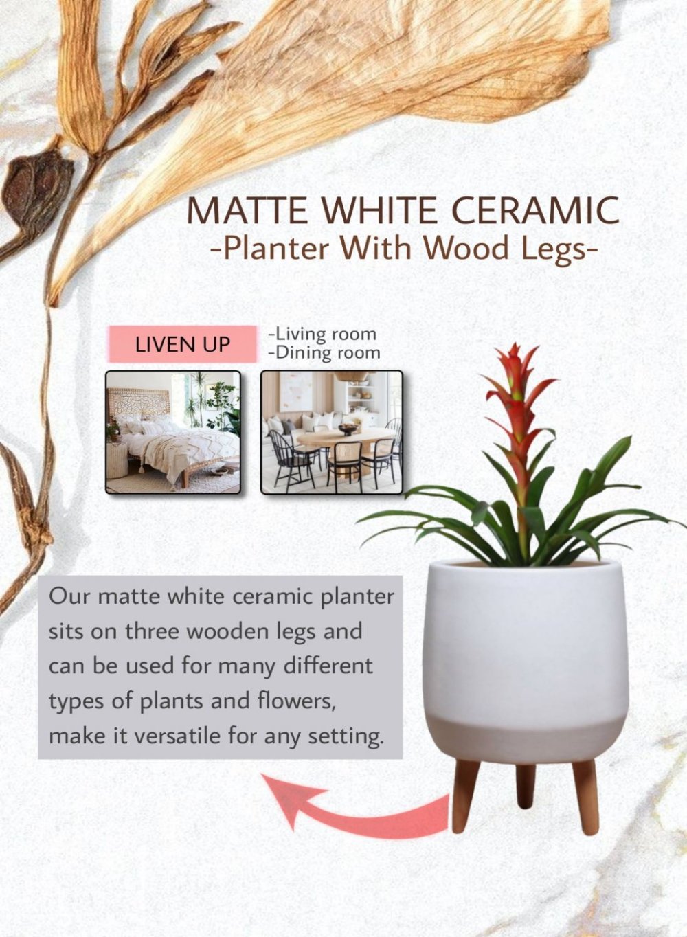 15.75" White Ceramic Pot with Wooden Legs